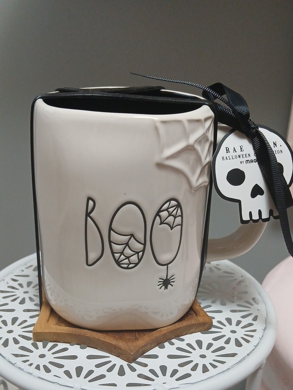 Rae Dunn Halloween 'BOO'  Ceramic Mug with Cobweb Coaster NWT
